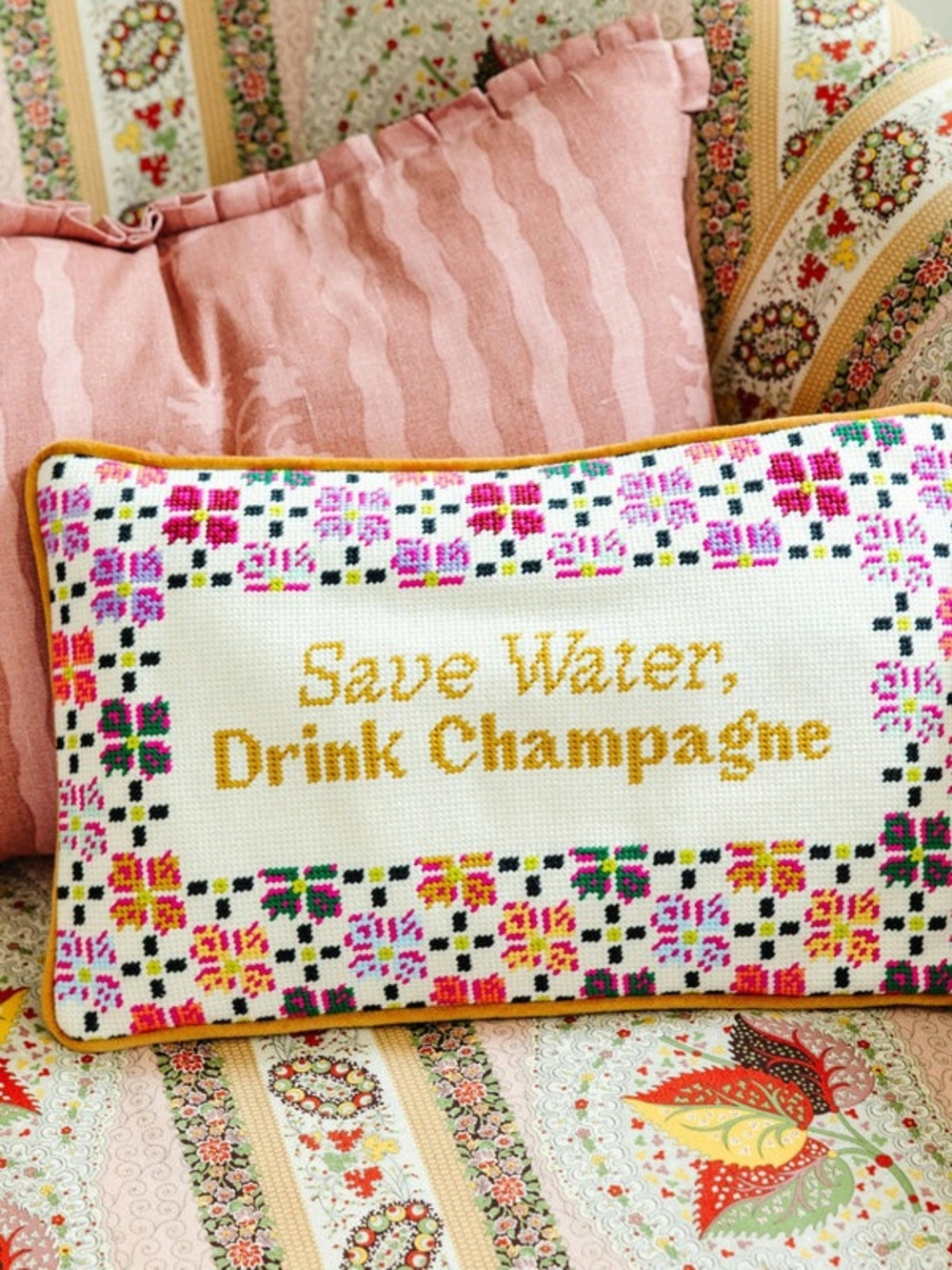 Anthropologie x Furbish Studio Drink Champagne Needlepoint Pillow NWT
